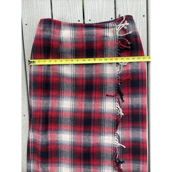 Vintage Talbots Red Plaid Wool Midi Skirt Faux Wrap Fringe Women’s 12 - Picture 16 of 16